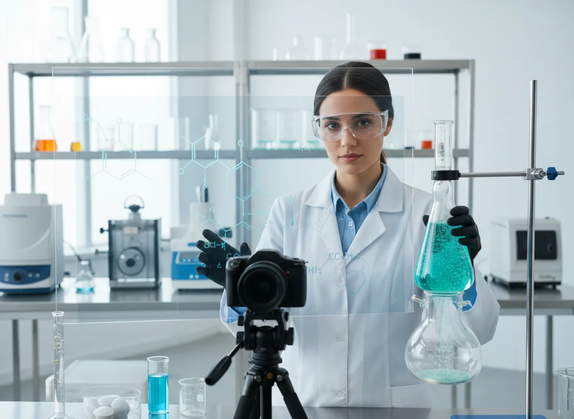 An instructor filming a course segment in front of laboratory shelving.